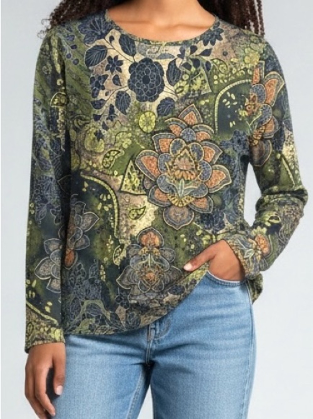 Indigo Moon Floral Boho Long Sleeve Top Size Large